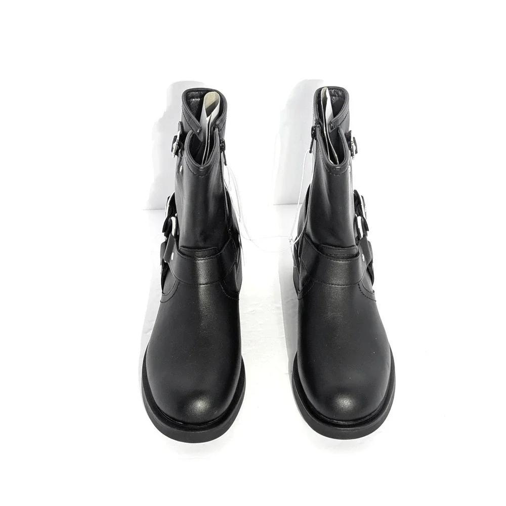 Black Moto Harness Ankle Boot 11 Buckle Strap Biker Western Side Zip Chunky Heel - Picture 5 of 6
